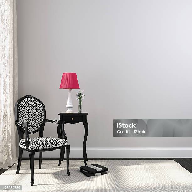 Black Classic Chair And Nightstand Stock Photo - Download Image Now - Beige, Black Color, Carpet - Decor