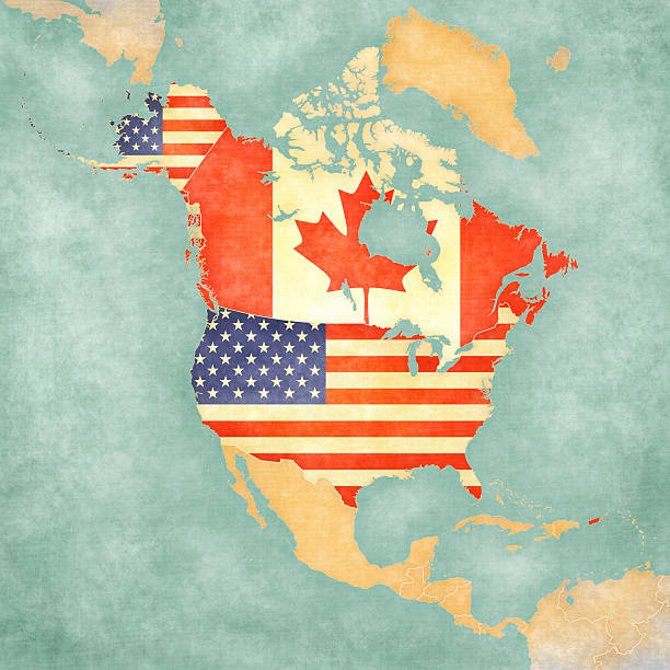 mapa ameryki północnej-usa i kanadzie (vintage series - canada american flag canadian culture usa stock illustrations