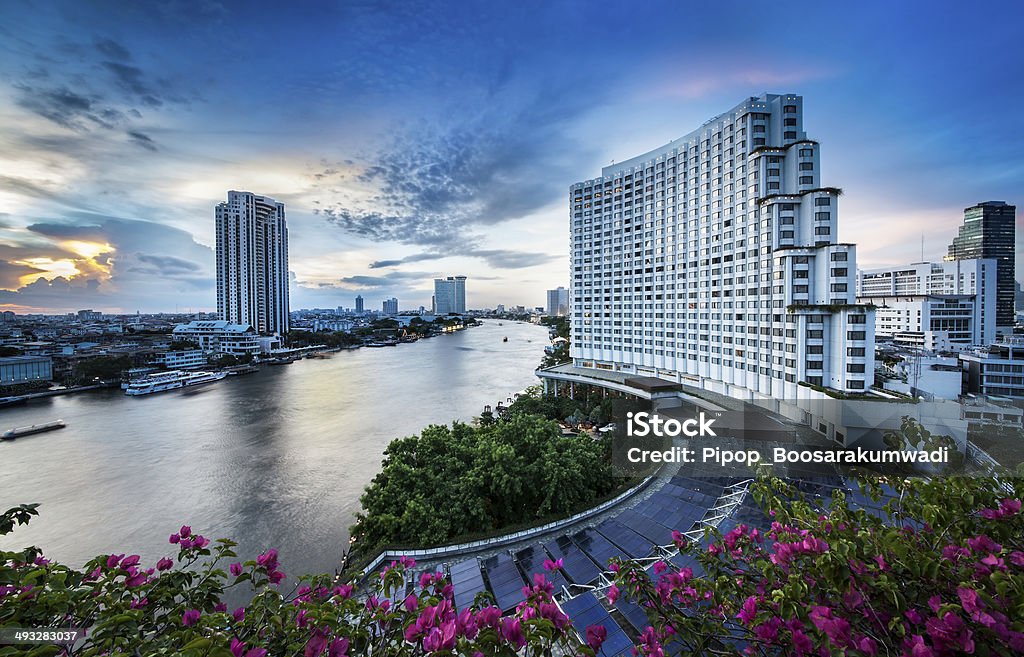 Urban City Skyline, Chao Phraya River, Bangkok, Thailand. Bangkok is the capital city of Thailand, The Chao Phraya is a major river in Thailand. Architecture Stock Photo