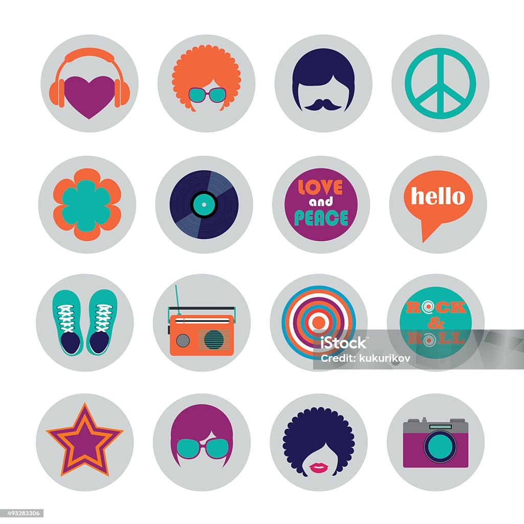Conjunto de ícones de hippie de cores plana - Royalty-free Símbolo de ícone arte vetorial