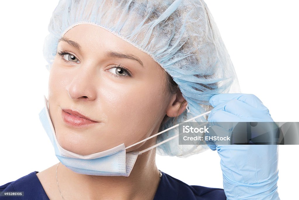 수술 간호사 흰색 바탕에 흰색 배경 - 로열티 프리 머리망 스톡 사진