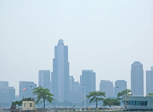 Chicago skyline in soft smog Chicago, Illinois, United States - July 27, 2008: Chicago skyline in soft summer smog and haze with trees in the foreground on a sunny day in July.  chicago smog stock pictures, royalty-free photos & images