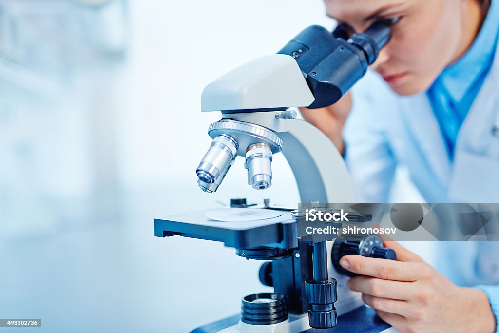 Scientific studies Young female chemist studying new substance in lab Microscope Stock Photo