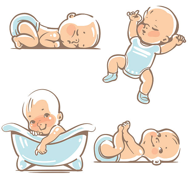 Cute baby boys. Set with 4 cute baby boys 0-12 months. Various poses. First year activities. Sleeping positions, on stomach, on back, legs in hands. Swimming in bath. Blue clothes. Vector Illustration isolated on white background swimming drawings stock illustrations
