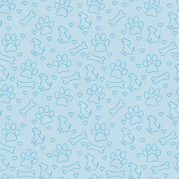 Blue Dog Paw Prints, Puppy, Bone and Hearts Tile Pattern Repeat Background that is seamless and repeats