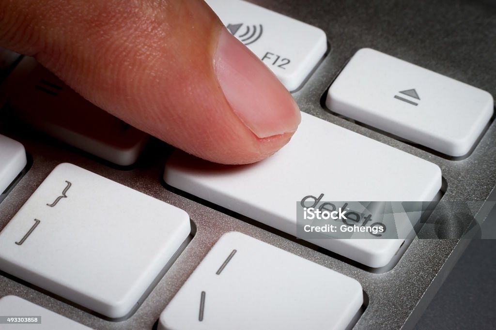 Closeup of finger on delete key in a keyboard. Delete Key Stock Photo