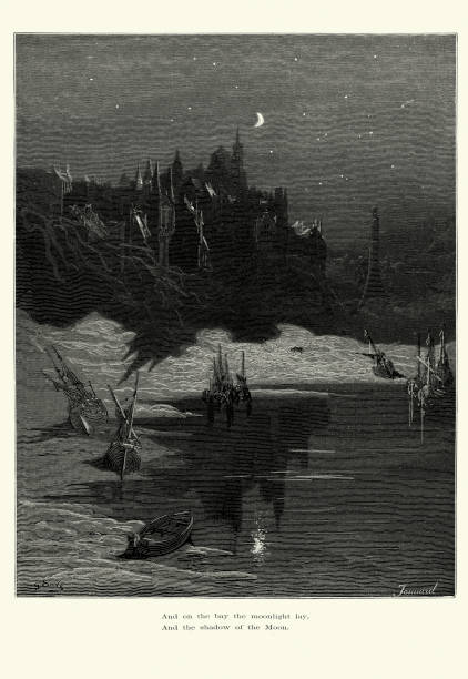 illustrations, cliparts, dessins animés et icônes de le givre de l'ancien au clair de lune, marin-lay - antique engraved image moonlight night