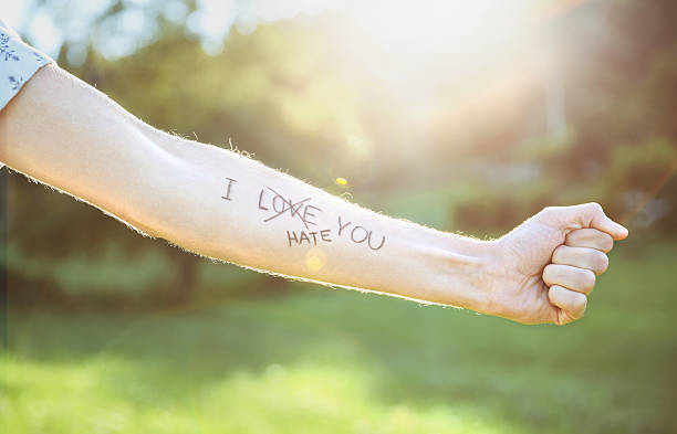 istock Male arm with text -I hate you- written in skin 493306202