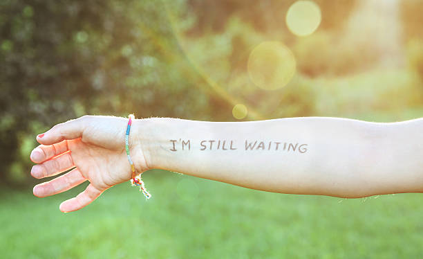istock Female arm with text -I'm still waiting- written in 493306228