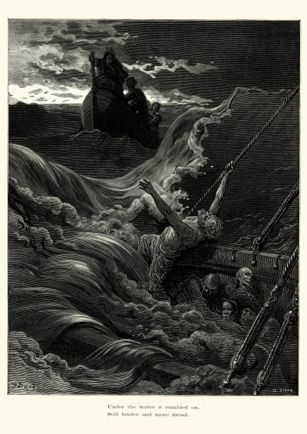 Rime of the Ancient Mariner - more dread Vintage engraving by Gustave Dore of a scene from the Rime of the Ancient Mariner, Under the water it rumbled on, Still louder and more dread. The Rime of the Ancient Mariner is the longest major poem by the English poet Samuel Taylor Coleridge. It relates the experiences of a sailor who has returned from a long sea voyage. The mariner stops a man who is on the way to a wedding ceremony and begins to narrate a story. 1882 sinking ship pictures pictures stock illustrations