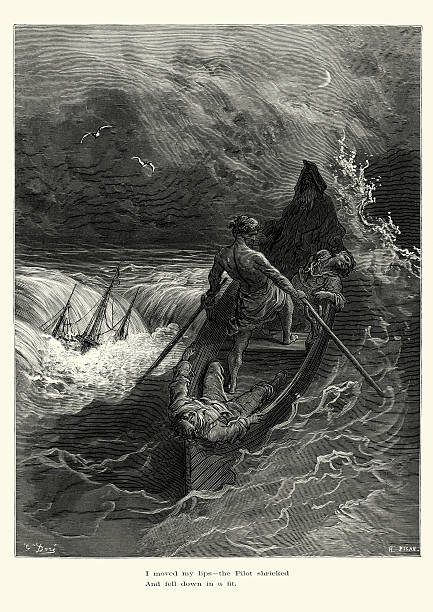 Rime of the Ancient Mariner -  Pilot shrieked Vintage engraving by Gustave Dore of a scene from the Rime of the Ancient Mariner, I moved my lips the Pilot shrieked and fell down in a fit. The Rime of the Ancient Mariner is the longest major poem by the English poet Samuel Taylor Coleridge. It relates the experiences of a sailor who has returned from a long sea voyage. The mariner stops a man who is on the way to a wedding ceremony and begins to narrate a story. 1882 sinking ship pictures pictures stock illustrations