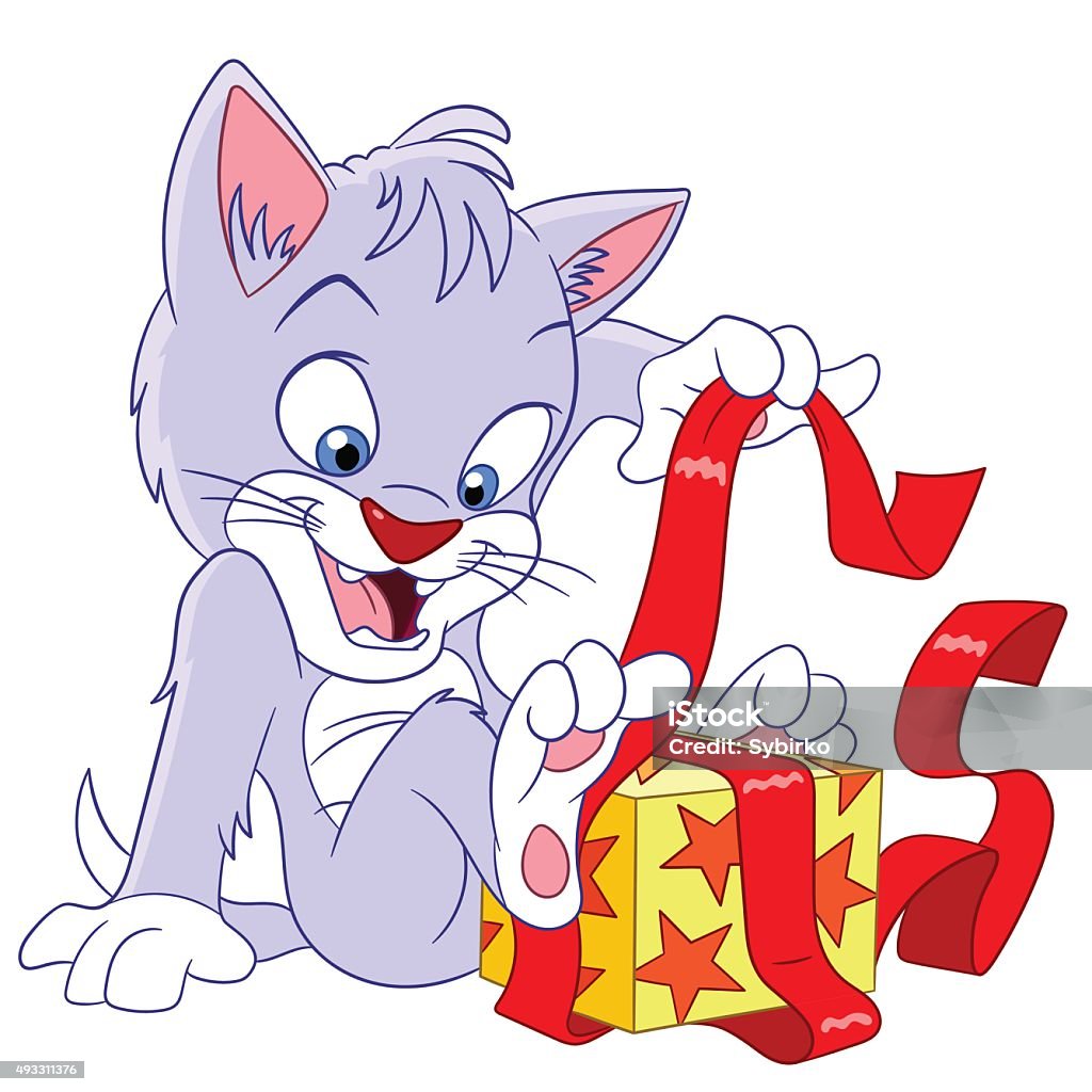 cat with a box cute happy cat is opening a gift box 2015 stock vector