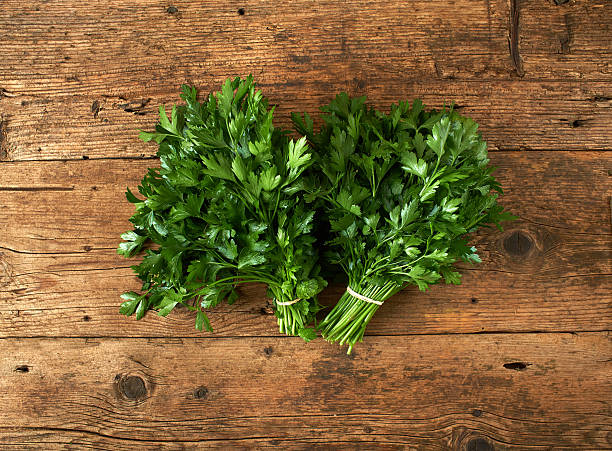 bunches of fresh parsley on wooden bench bunches of fresh parsley on a wooden bench parsley stock pictures, royalty-free photos & images