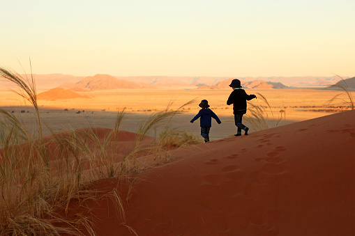 Two little boys are having fun running down the red sand dunes in Sossusvlei in Namibia. This is an image of the children running through a beautiful sand dune landscape with far views of Namib-Naukluft national park at sunset in (African) winter.