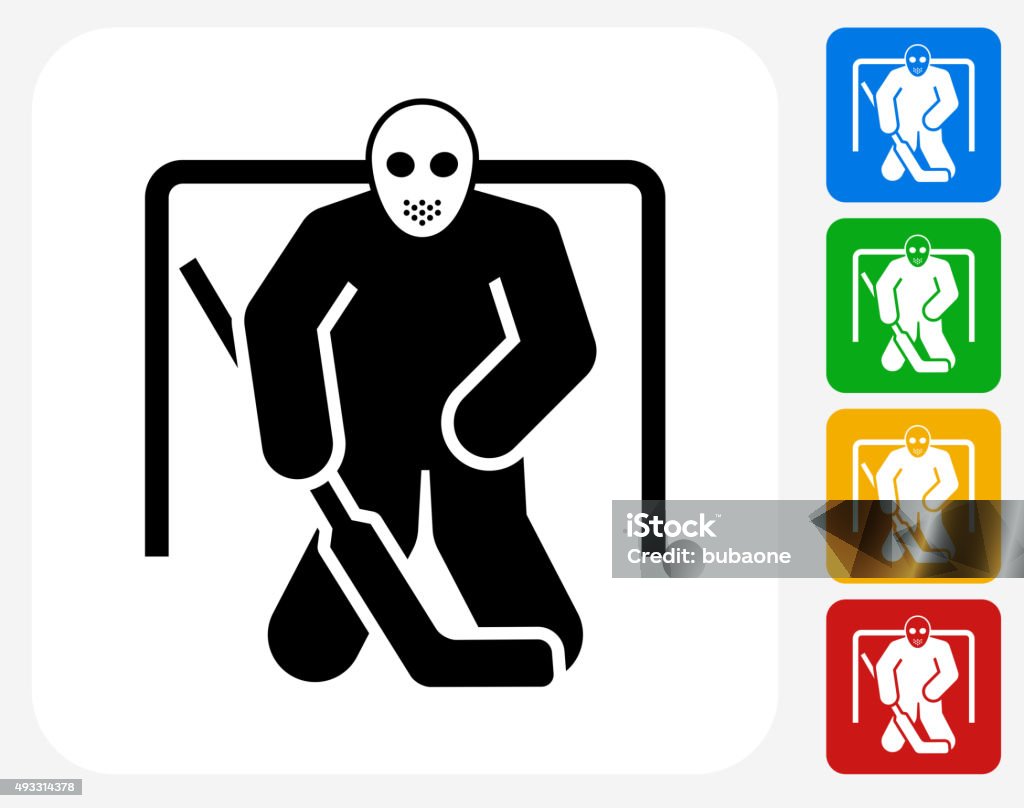 Hockey Goalie Icon Flat Graphic Design Hockey Goalie Icon. This 100% royalty free vector illustration features the main icon pictured in black inside a white square. The alternative color options in blue, green, yellow and red are on the right of the icon and are arranged in a vertical column. 2015 stock vector