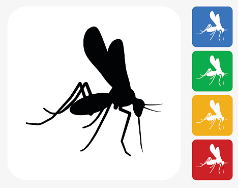 Mosquito Icon. This 100% royalty free vector illustration features the main icon pictured in black inside a white square. The alternative color options in blue, green, yellow and red are on the right of the icon and are arranged in a vertical column.
