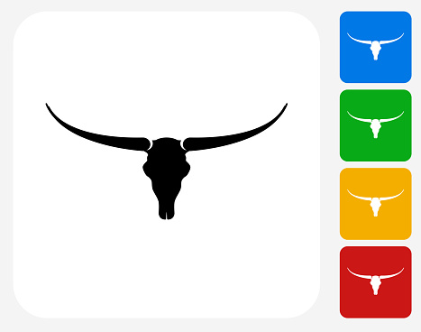 Bull Skull Icon. This 100% royalty free vector illustration features the main icon pictured in black inside a white square. The alternative color options in blue, green, yellow and red are on the right of the icon and are arranged in a vertical column.