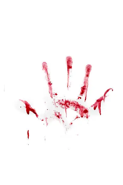 Photo of Human hand and fingers bloody print isolated on white background