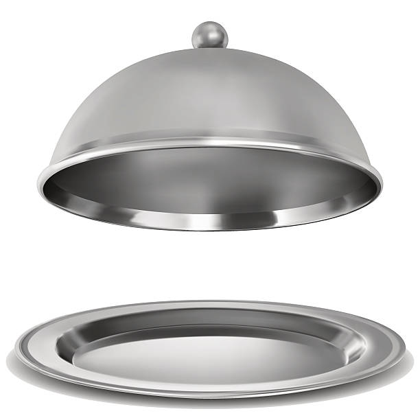 Vector silver opened cloche on white background Vector silver opened cloche on white background serving platter food stock illustrations