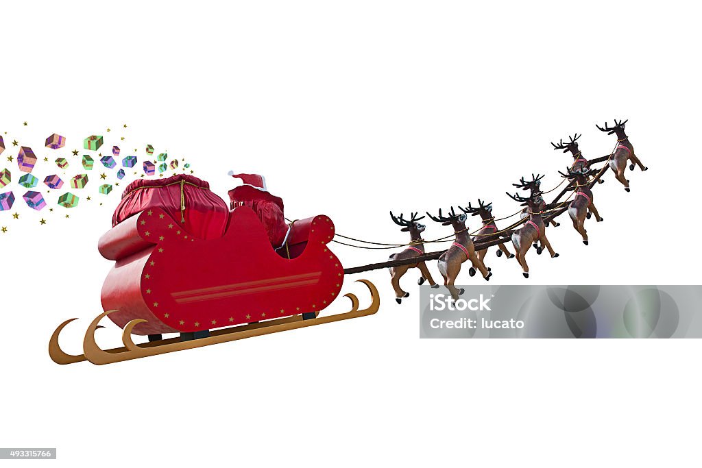 Santa Claus gifts are arriving Santa Claus delivering gifts around the world by riding a sleigh led by reindeers isolated on white backgound Santa Claus Stock Photo