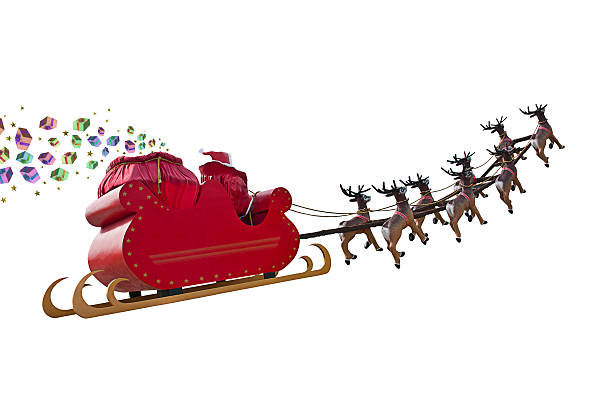 Santa Claus gifts are arriving Santa Claus delivering gifts around the world by riding a sleigh led by reindeers isolated on white backgound animal drawn stock pictures, royalty-free photos & images