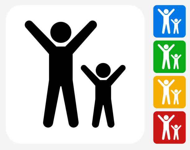 Happy Adult and Child Icon Flat Graphic Design Happy Adult and Child Icon. This 100% royalty free vector illustration features the main icon pictured in black inside a white square. The alternative color options in blue, green, yellow and red are on the right of the icon and are arranged in a vertical column. jumping jacks stock illustrations