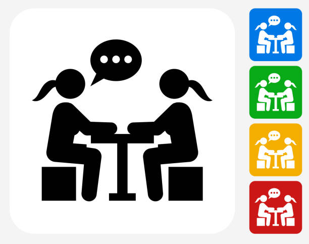 Girls Chatting Icon Flat Graphic Design Girls Chatting Icon. This 100% royalty free vector illustration features the main icon pictured in black inside a white square. The alternative color options in blue, green, yellow and red are on the right of the icon and are arranged in a vertical column. eating lunch icon stock illustrations