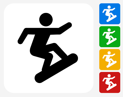 Snowboard Icon. This 100% royalty free vector illustration features the main icon pictured in black inside a white square. The alternative color options in blue, green, yellow and red are on the right of the icon and are arranged in a vertical column.