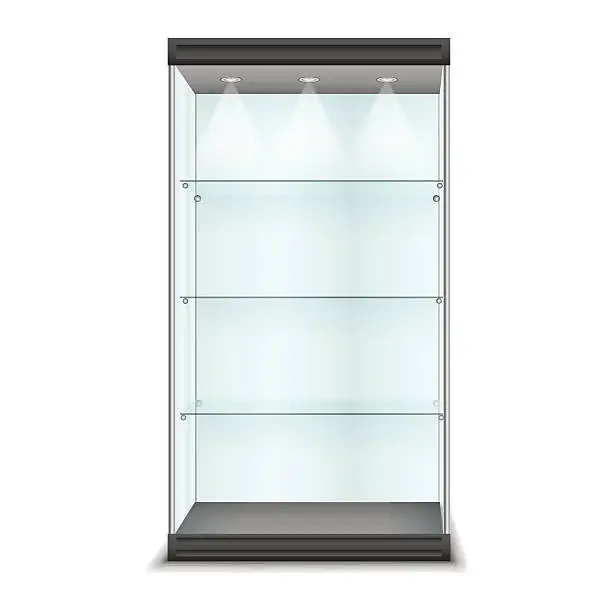 Vector illustration of Empty glass cabinet with shelves, vector