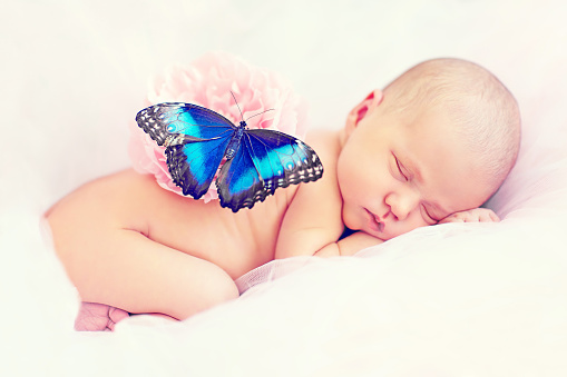 A portrait of a cute newborn naked baby sleeping with a huge beautiful blue butterfly sitting on the baby's back
