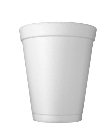 close up of styro foam coffee cup on white background with clipping path