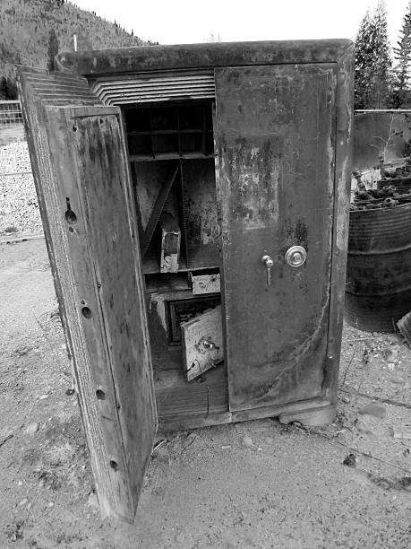 istock Open antique bank vault - black & white 493322051