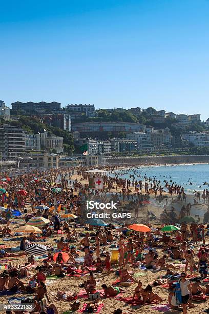 Crowded Beach At La Concha Bay In San Sebastian Stock Photo - Download Image Now - Bay of Water, Beach, City