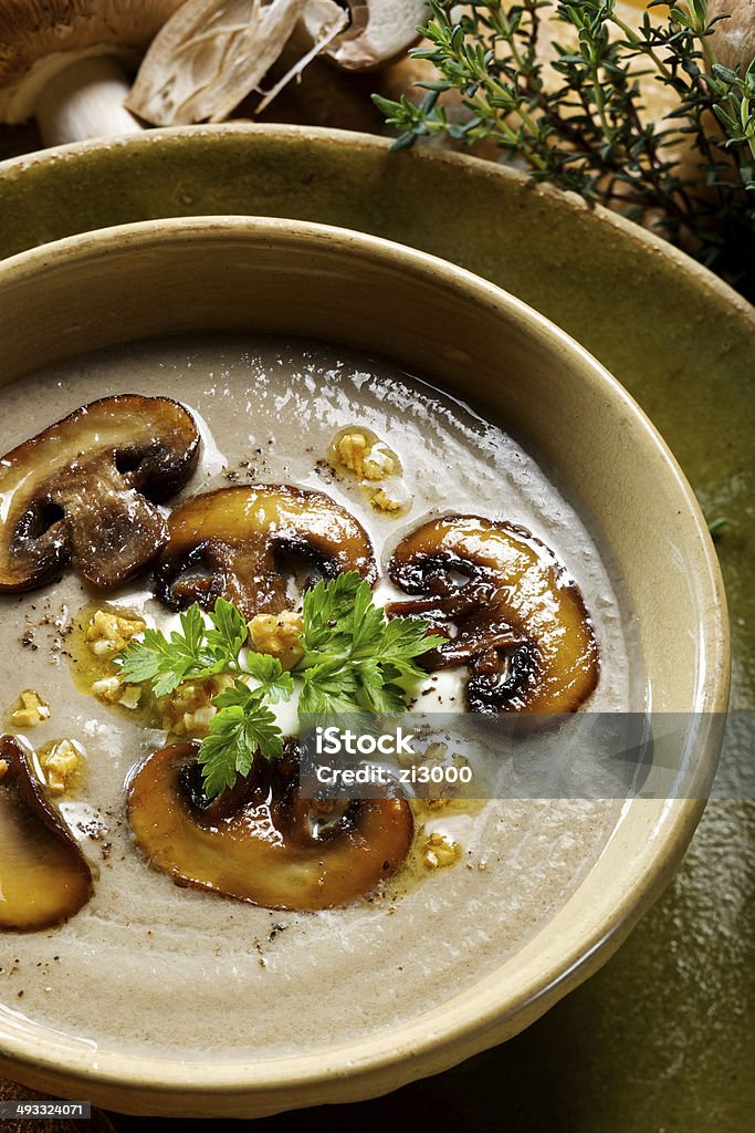 Mushroom cream soup Delicious mushroom cream soup with fresh parsley and aromatic garlic Brunch Stock Photo