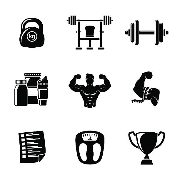 ilustraciones, imágenes clip art, dibujos animados e iconos de stock de conjunto de iconos de bodybuilding con-pesa, peso, bodybuilder, escalas - human muscle muscular build bicep men