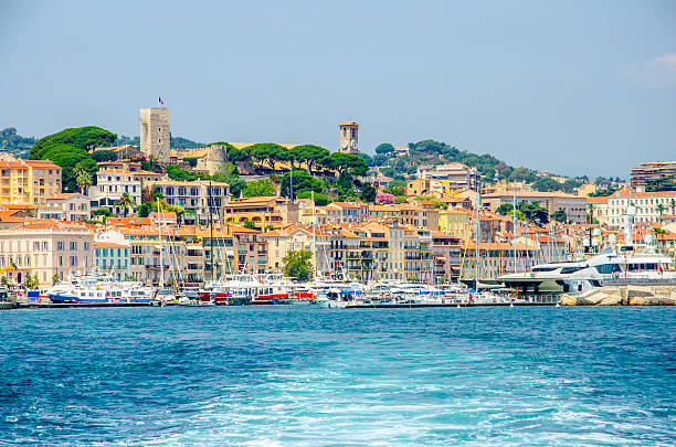 Cannes, France - July 07, 2015: The photo shows the French harbour town Cannes on a sunny day with blue sky. The photo was taken while some tourists are sitting at their yachts.