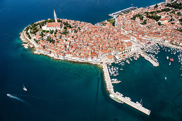Rovinj Harbour From The Air Aerial view of harbour in Rovinj, Croatia. Image with many details. rovinj harbor stock pictures, royalty-free photos & images