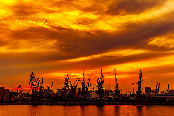 istock Silhouette of port cranes in a harbor 493333312