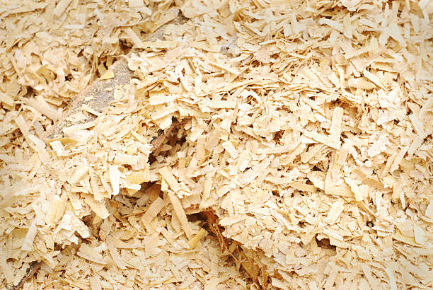 sfondo legno sawdust pile. - particle plank wood brown foto e immagini stock