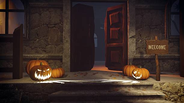 Halloween pumpkins on the doorstep