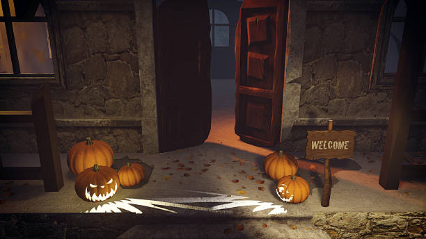 istock Halloween pumpkins on the porch top view 493337408