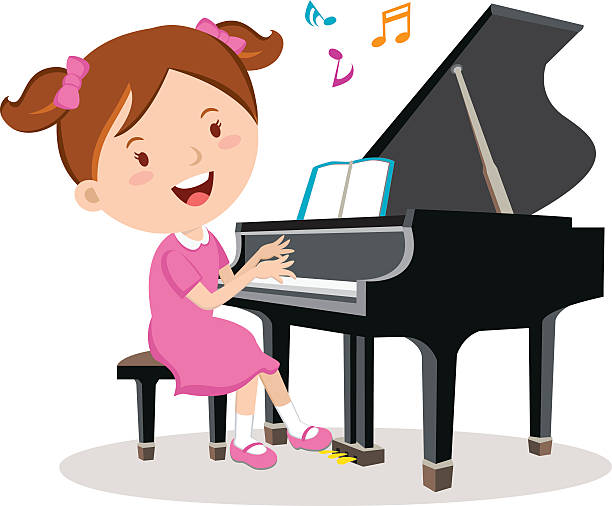 ilustraciones, imágenes clip art, dibujos animados e iconos de stock de niña tocando piano - pianist grand piano piano playing