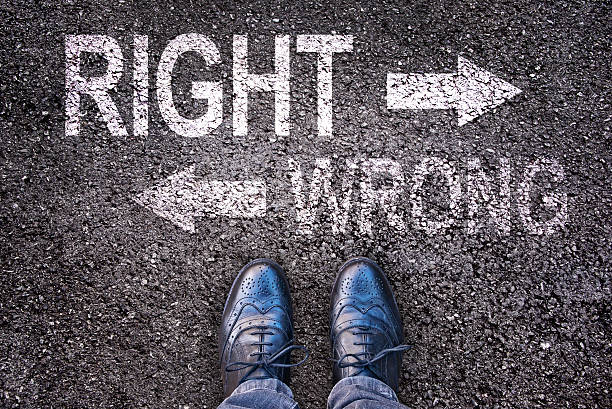 istock Feet and words right and wrong painted on a road 493340776