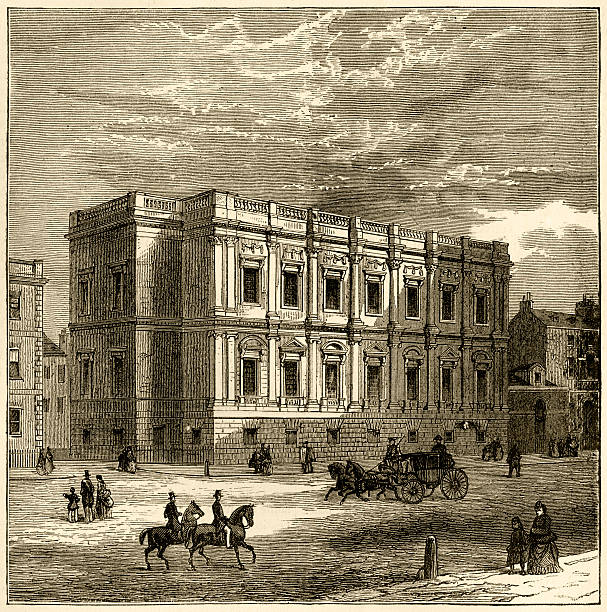 Exterior of the Banqueting House, Whitehall The exterior of the Banqueting House, Whitehall, London. It is now the only remaining part of the old Palace of Whitehall, which was the main home of British monarchs until 1698 when much of the Palace was destroyed by fire. From “Old & New London” by Walter Thornbury and Edward Walford, published in parts by Cassell & Co, London from 1873-1888. These illustrations are from parts 30-35 inclusive. whitehall street stock illustrations