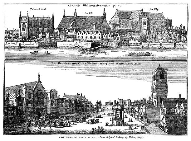 두 가지로 웨스트민스터 by hollar, 1647 - westminster abbey abbey city of westminster church stock illustrations