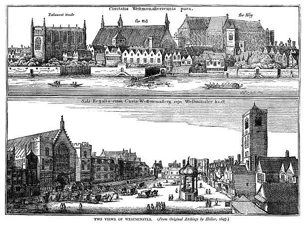 Two views of Westminster by Hollar, 1647 Two views of Westminster by Wenceslaus Hollar (Václav Hollar), 1647. A Bohemian etcher, he was born in Prague and died in London in 1677: he was buried in St Margaret’s Church, Westminster. From “Old & New London” by Walter Thornbury and Edward Walford, published in parts by Cassell & Co, London from 1873-1888. These illustrations are from parts 30-35 inclusive. whitehall street stock illustrations