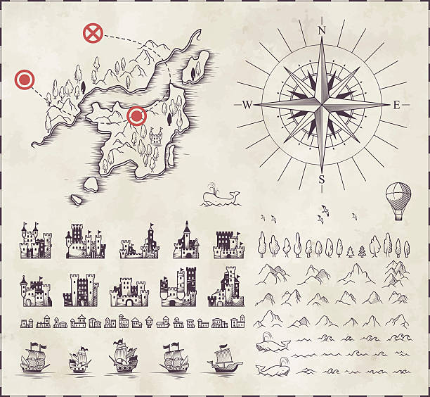 ilustraciones, imágenes clip art, dibujos animados e iconos de stock de juego de medieval cartografía - cartografía ilustraciones