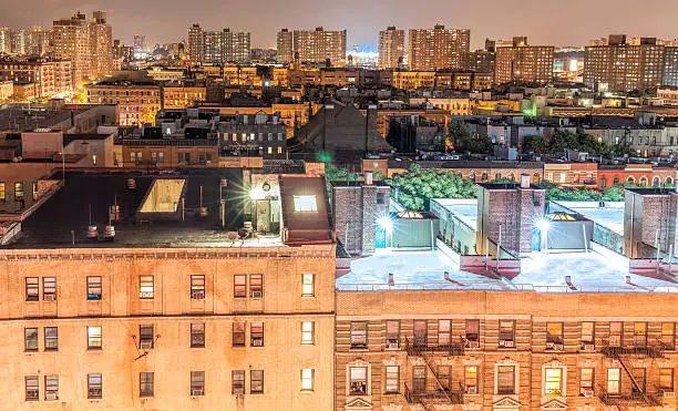 Photo of Harlem neighborhood at night, NYC, USA.