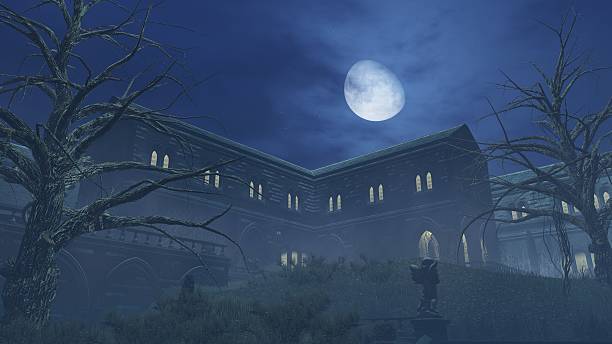 istock Big half moon above old creepy mansion 493374166