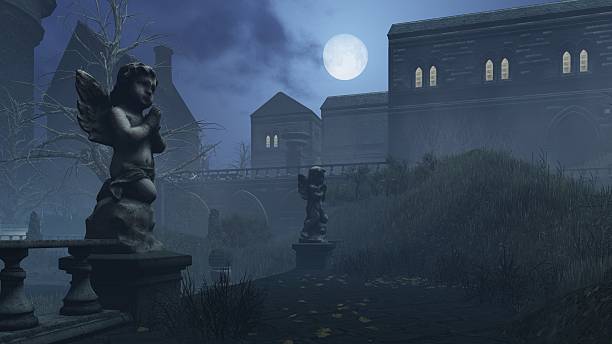 istock Cupid's sculpture in deserted park under full moon 493374242